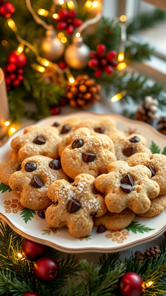 A plate of vegan Christmas cookies with powdered sugar, chocolate chips, and dried fruits, set against a festive holiday backdrop.